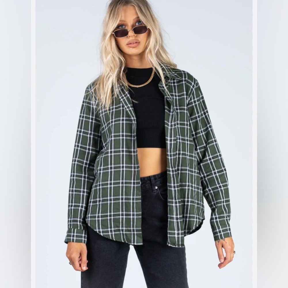 Princess Polly Nora Shirt Forest Green Flannel Long Sleeve Shirt Size 2 Grunge